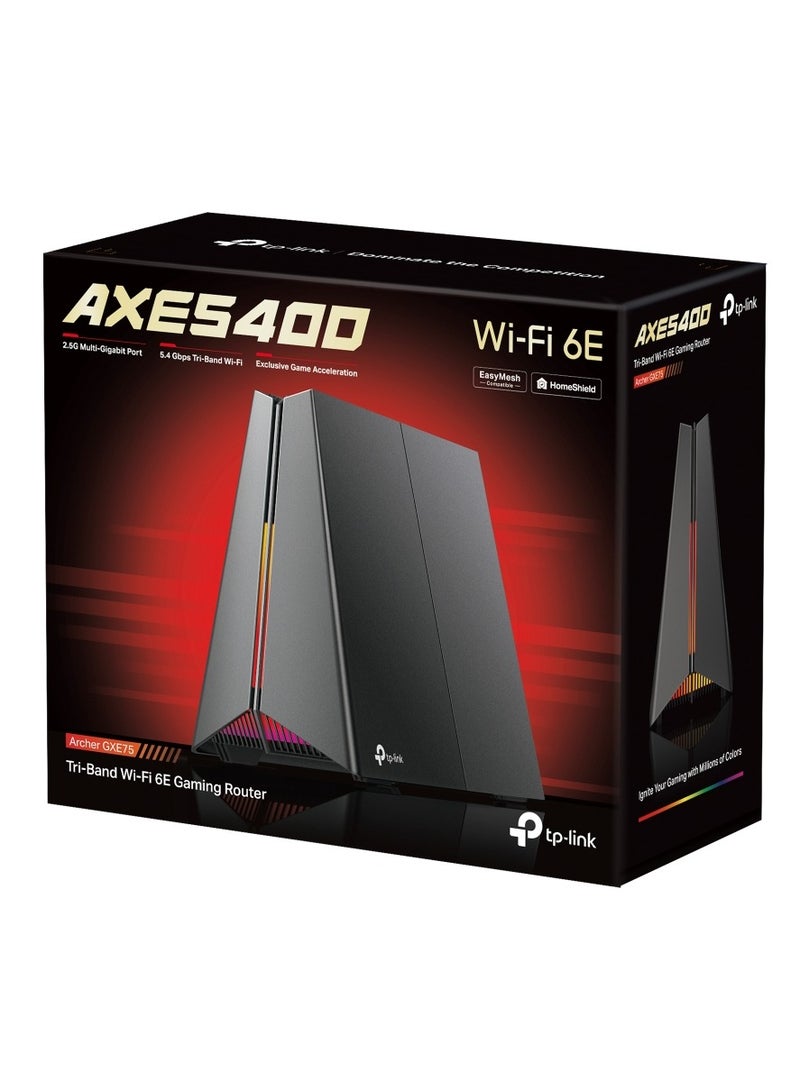 AXE5400 Tri-Band Wi-Fi 6E Gaming Router, up 5.4Gbps, 2.5G Port, 6 GHz Band, Game Acceleration, HomeShield Security, Gaming & Streaming, Smart Home, EasyMesh Compatibility (Archer GXE75) Black