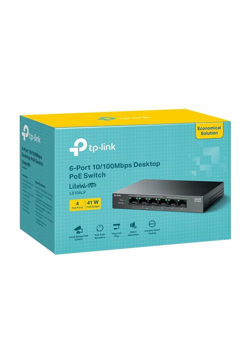 TP-Link LS106LP 6-Port 10/100Mbps Desktop Switch with 4-Port PoE, 41 W PoE Budget, Up to 250 m PoE Transmission, PoE Auto Recovery, Plug and Play, Ideal for IP Surveillance & Network Security