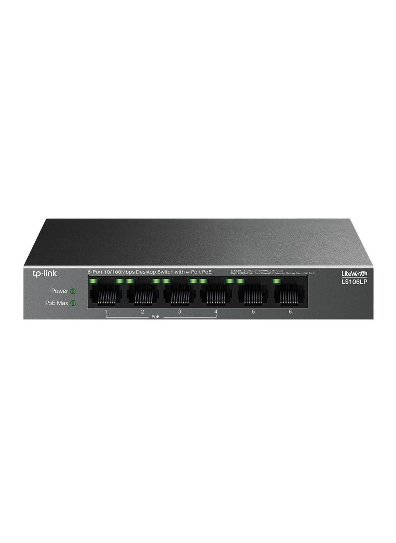 TP-Link LS106LP 6-Port 10/100Mbps Desktop Switch with 4-Port PoE, 41 W PoE Budget, Up to 250 m PoE Transmission, PoE Auto Recovery, Plug and Play, Ideal for IP Surveillance & Network Security