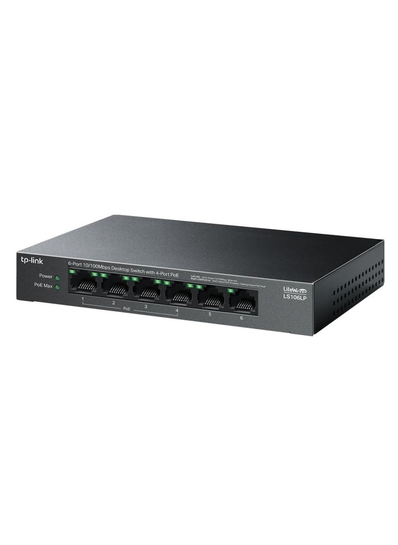 TP-Link LS106LP 6-Port 10/100Mbps Desktop Switch with 4-Port PoE, 41 W PoE Budget, Up to 250 m PoE Transmission, PoE Auto Recovery, Plug and Play, Ideal for IP Surveillance & Network Security