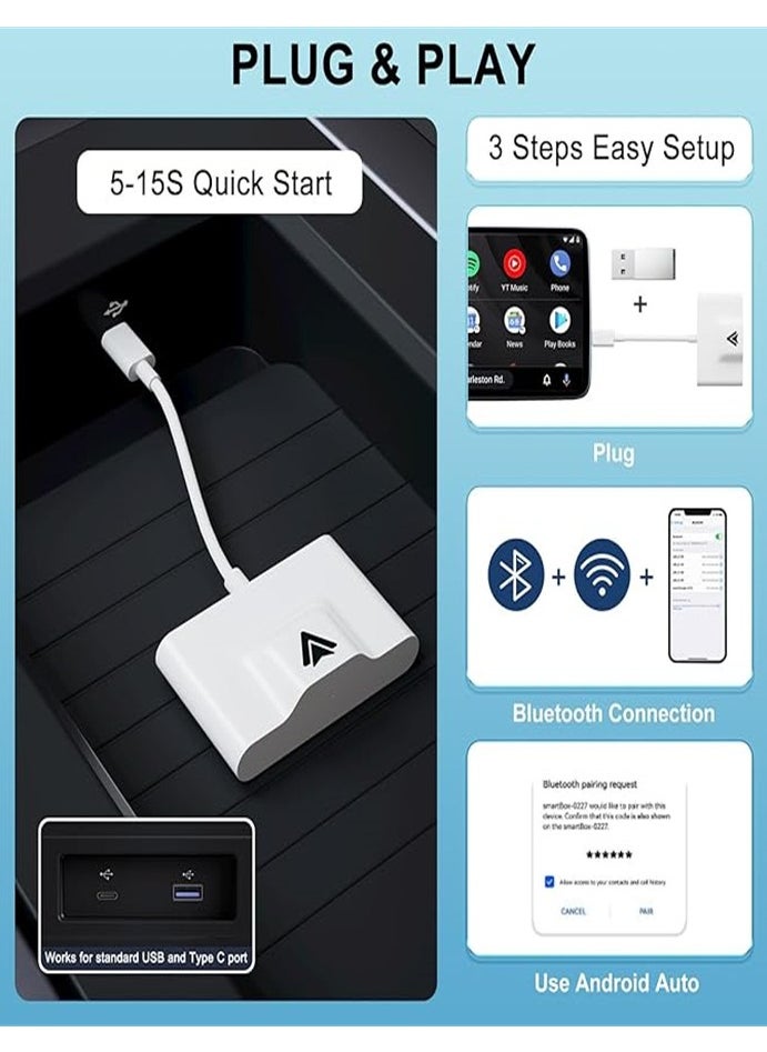 Wireless Android Auto Car Adapter,Wireless Android Auto Dongle - Connects Automatically to Android Auto,Easy Plug and Play Setup （White）