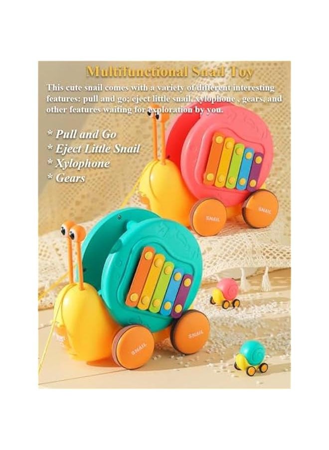 Multifunctional Pull and Go Snail Toy, Fun Xylophone Toy for Babies, Snail Spinning Gears Toy, Detachable Snail Toy with Functiona of Ejecting Little Snail for Toddlers (Pink)