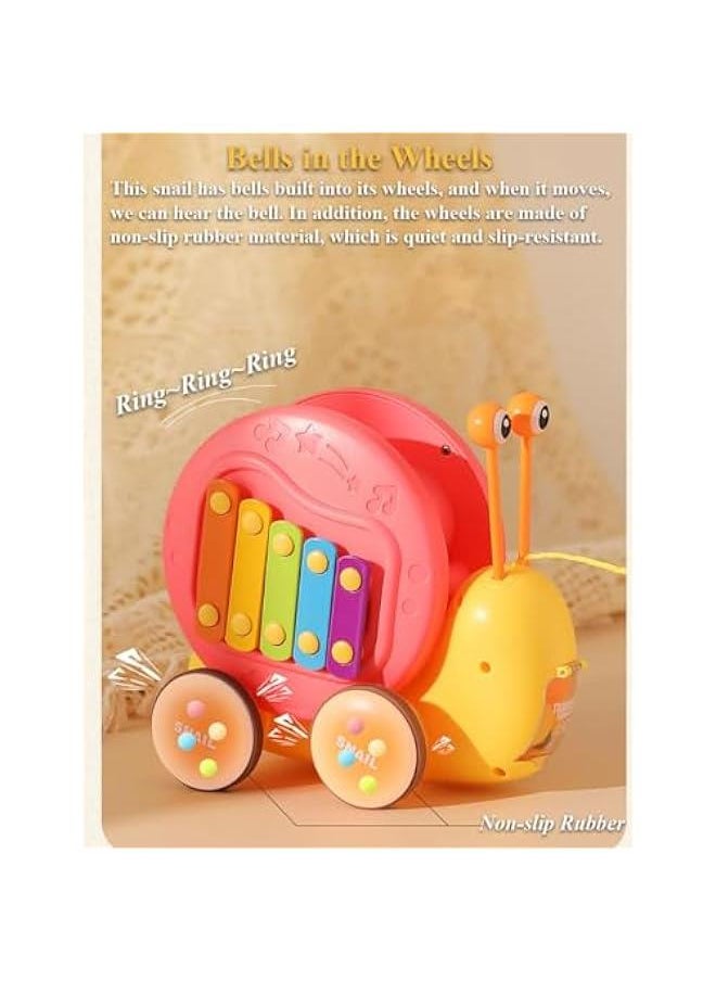 Multifunctional Pull and Go Snail Toy, Fun Xylophone Toy for Babies, Snail Spinning Gears Toy, Detachable Snail Toy with Functiona of Ejecting Little Snail for Toddlers (Pink)