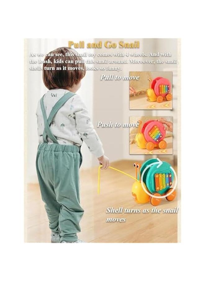 Multifunctional Pull and Go Snail Toy, Fun Xylophone Toy for Babies, Snail Spinning Gears Toy, Detachable Snail Toy with Functiona of Ejecting Little Snail for Toddlers (Cyan)