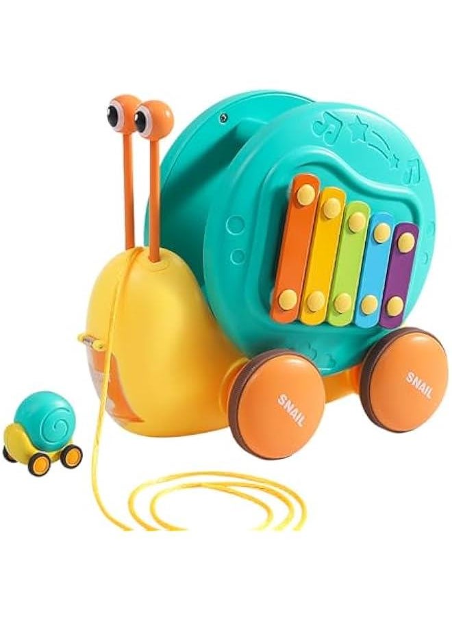 Multifunctional Pull and Go Snail Toy, Fun Xylophone Toy for Babies, Snail Spinning Gears Toy, Detachable Snail Toy with Functiona of Ejecting Little Snail for Toddlers (Cyan)