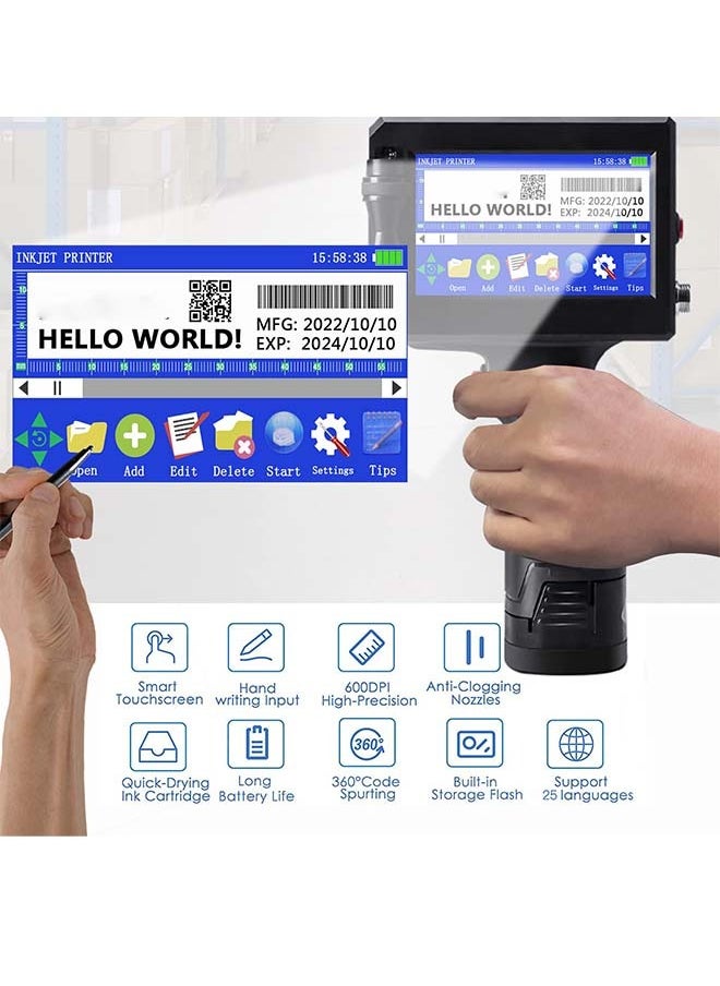 Handheld Inkjet Printer for Any Surface 0.5 Inch Nozzle for QRCode Barcode Production Date Time Logo Batch Number Print On Glass Bag Carton Box Wood Cloth Plastic Cable (25 Languages)
