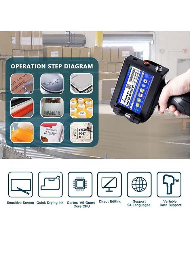 Handheld Inkjet Printer for Any Surface 0.5 Inch Nozzle for QRCode Barcode Production Date Time Logo Batch Number Print On Glass Bag Carton Box Wood Cloth Plastic Cable (25 Languages)