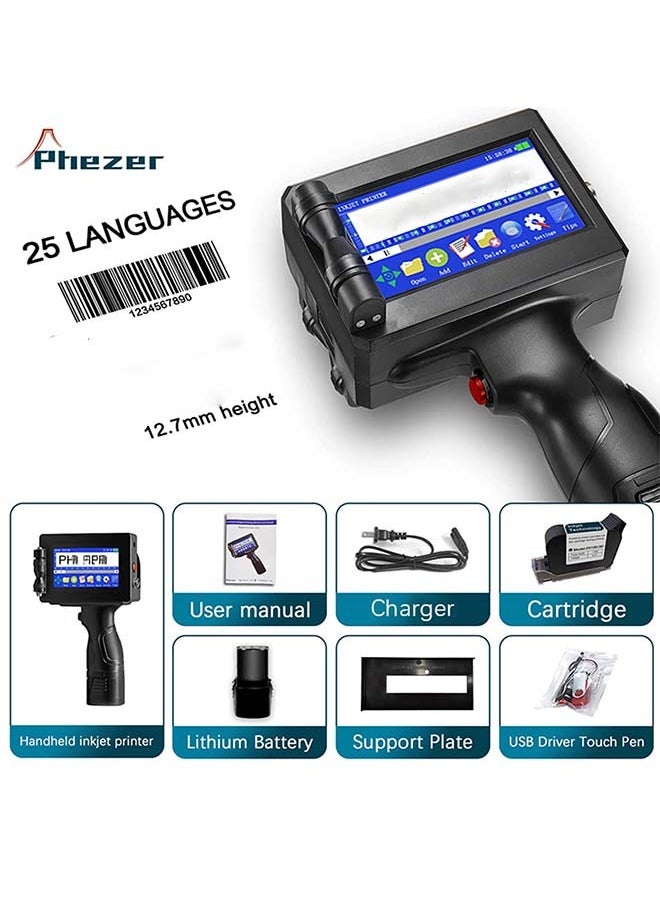 Handheld Inkjet Printer for Any Surface 0.5 Inch Nozzle for QRCode Barcode Production Date Time Logo Batch Number Print On Glass Bag Carton Box Wood Cloth Plastic Cable (25 Languages)
