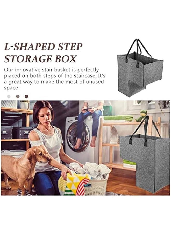 Small Basket L-Shape Stair Basket Organizer, Foldable Stair Baskets, Fabric Staircase Storage Organizer with Leather Handles, Stair Tidy Basket Bin for Laundry Basket