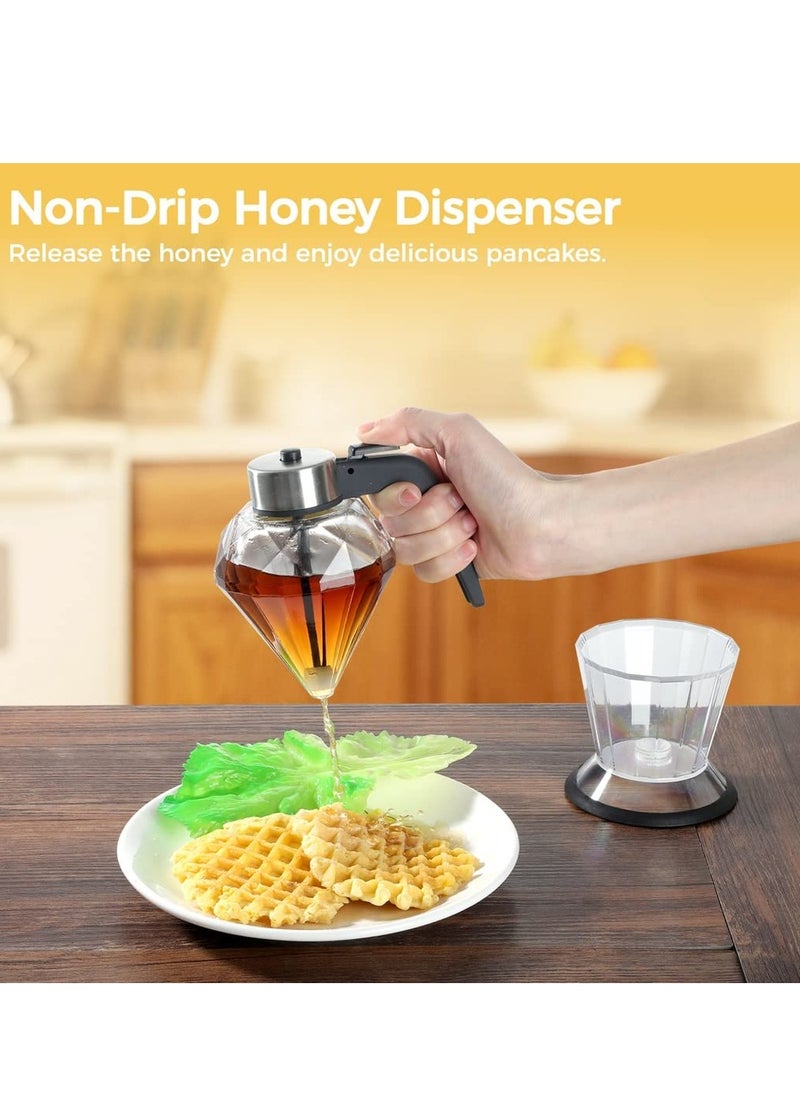 Honey Dispenser Syrup Dispenser With Storage Stand 8 Ounces Diamond Shaped Glass Honey Jar And Stainless Steel Top No Drip For Syrup Sauces Sugar