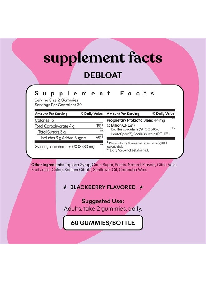 Debloat - Digestive & Gut Health Gummies with 2 Clinically Studied Probiotics & Prebiotic, 3 Billion CFUs - Vegan, Gluten Free, Non GMO, BlackBerry Flavor (60 Count) (Pack of 2)