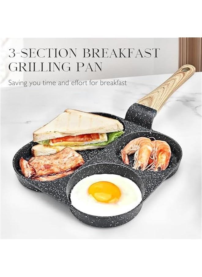 Non Stick Egg Pan - 3 Section Breakfast Frying Pan, 3-In-1 Divided Grill Pan with Heat-Resistant Handle, 7.9 Omelette Pan Compatible with All Stovetops, PFOA Free, Grey