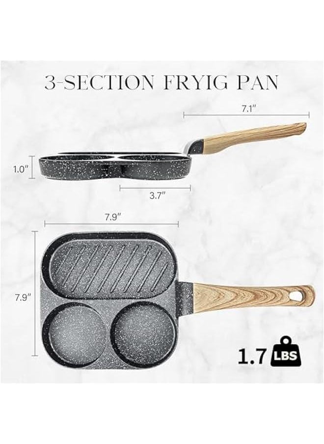 Non Stick Egg Pan - 3 Section Breakfast Frying Pan, 3-In-1 Divided Grill Pan with Heat-Resistant Handle, 7.9 Omelette Pan Compatible with All Stovetops, PFOA Free, Grey