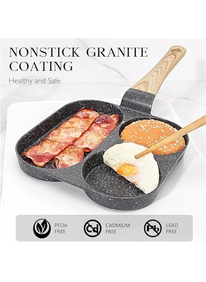 Non Stick Egg Pan - 3 Section Breakfast Frying Pan, 3-In-1 Divided Grill Pan with Heat-Resistant Handle, 7.9 Omelette Pan Compatible with All Stovetops, PFOA Free, Grey