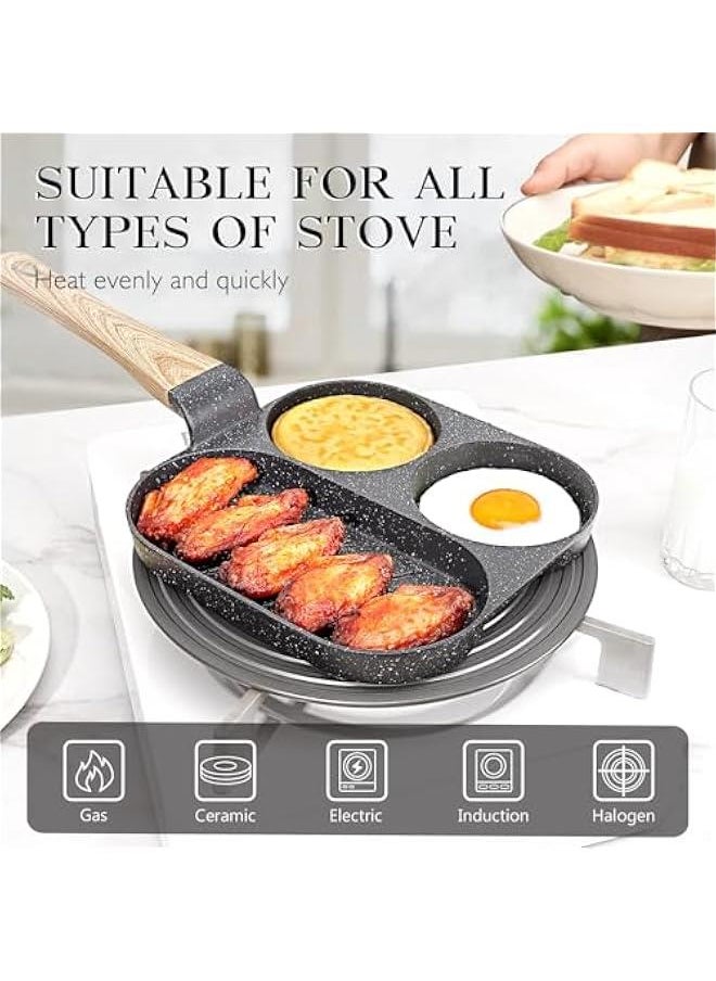 Non Stick Egg Pan - 3 Section Breakfast Frying Pan, 3-In-1 Divided Grill Pan with Heat-Resistant Handle, 7.9 Omelette Pan Compatible with All Stovetops, PFOA Free, Grey