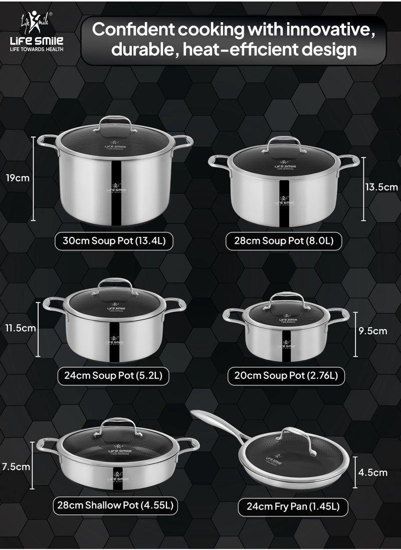 LIFE SMILE Hybrid Non Stick Pure 18/10 Stainless Steel Cookware Set - Cooking Set 12-Piece Honeycomb Ultra Non Stick Coating, 100% PFOA, PTFE and PFAS Free, Oven Safe, Induction Base Pots and Pans Set