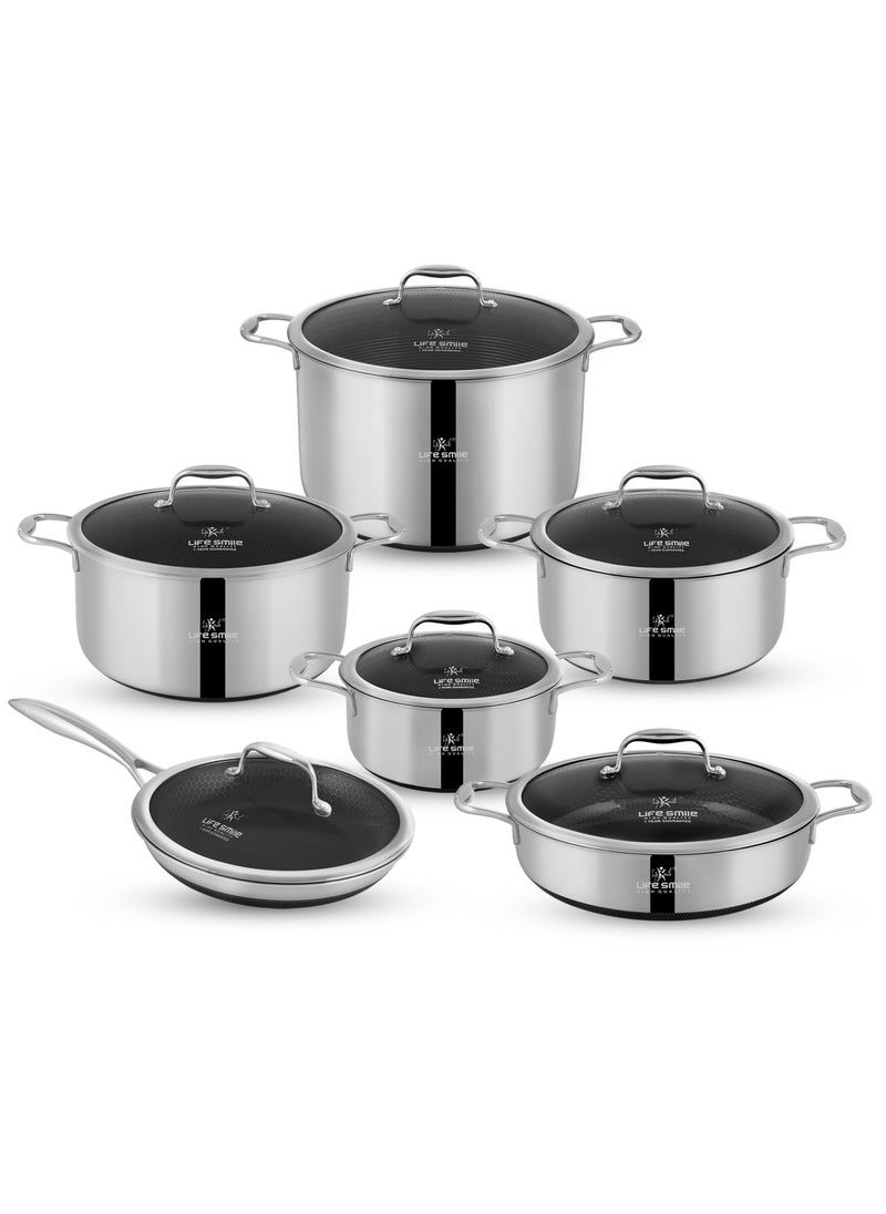 LIFE SMILE Hybrid Non Stick Pure 18/10 Stainless Steel Cookware Set - Cooking Set 12-Piece Honeycomb Ultra Non Stick Coating, 100% PFOA, PTFE and PFAS Free, Oven Safe, Induction Base Pots and Pans Set