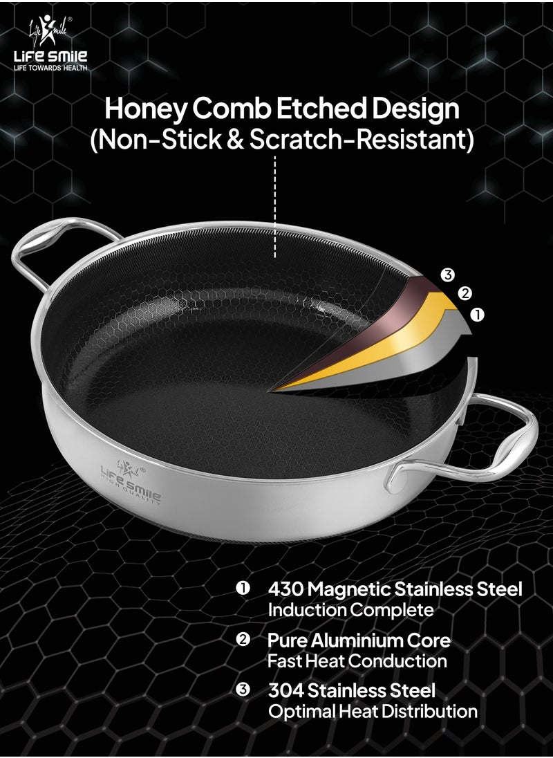 LIFE SMILE Hybrid Non Stick Pure 18/10 Stainless Steel Cookware Set - Cooking Set 12-Piece Honeycomb Ultra Non Stick Coating, 100% PFOA, PTFE and PFAS Free, Oven Safe, Induction Base Pots and Pans Set