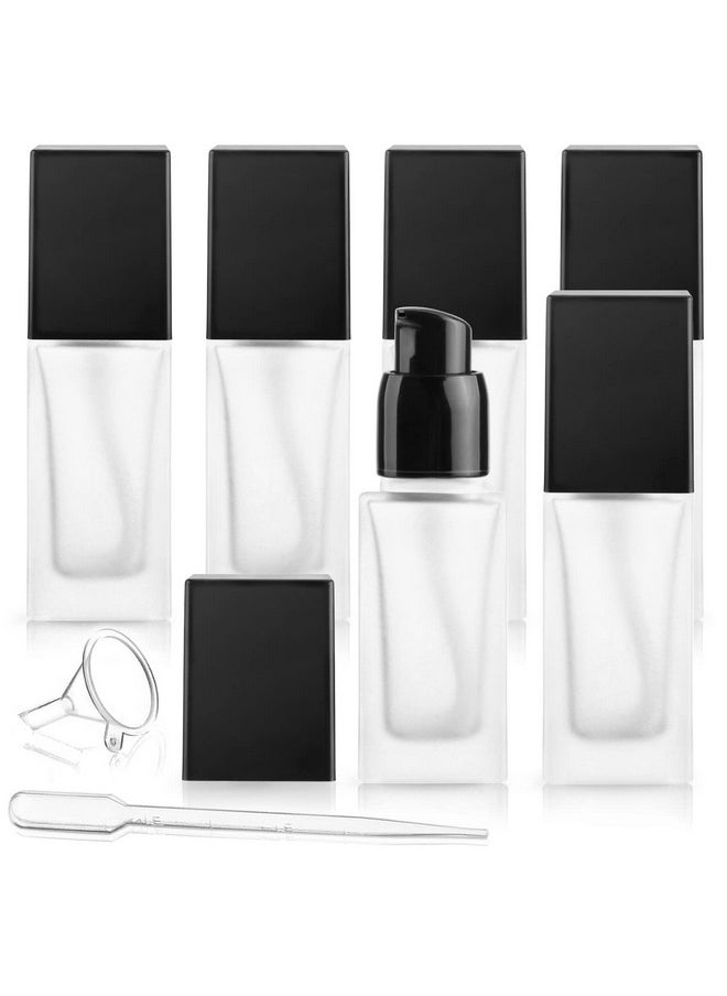 6 Pieces 30Ml/1Oz Frosted Glass Foundation Bottles Square Lotion Dispenser Container Empty Cosmetic Samples Vials With Press Pump&Black Cover For Liquid Foundation Essence Cream Toiletry Travel