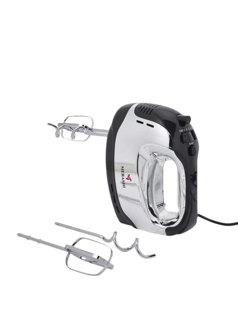 MEBASHI Hand Mixer, 5 Speeds, 2 Beaters, 2 Dough Hooks, (250W) Black-White (ME-HM8001)