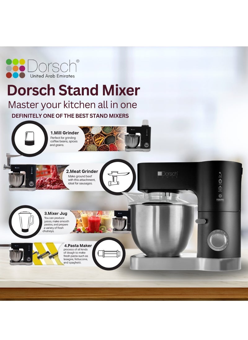 Danish Design Stand Mixer | 1200W Powerful Motor | 5L Stainless Steel Bowl | 8 Speed Settings + Pulse | Versatile Attachments for Dough, Whisking & Mixing | Anti-Slip Suction Feet | Durable and Easy-to-Clean | Compact & Modern Design | Overload Protection