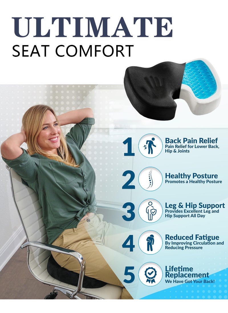 Gel Enhanced Seat Cushion, Memory Foam Seat, Sciatica, Hip, Coccyx Pain Relief Desk Chair Cushion for Long Sitting, Back Support for Office Worker, Car Drivers - Black