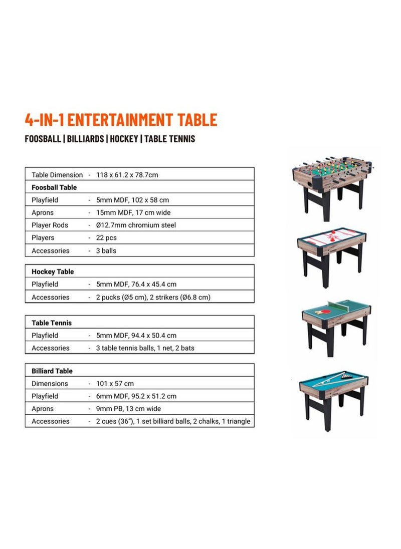 4-in-1 Multi-Game Table / Hockey Table / Billiard Table / Table Tennis / Foosball Table / Quick Set-Up / Easy Transition - Brown