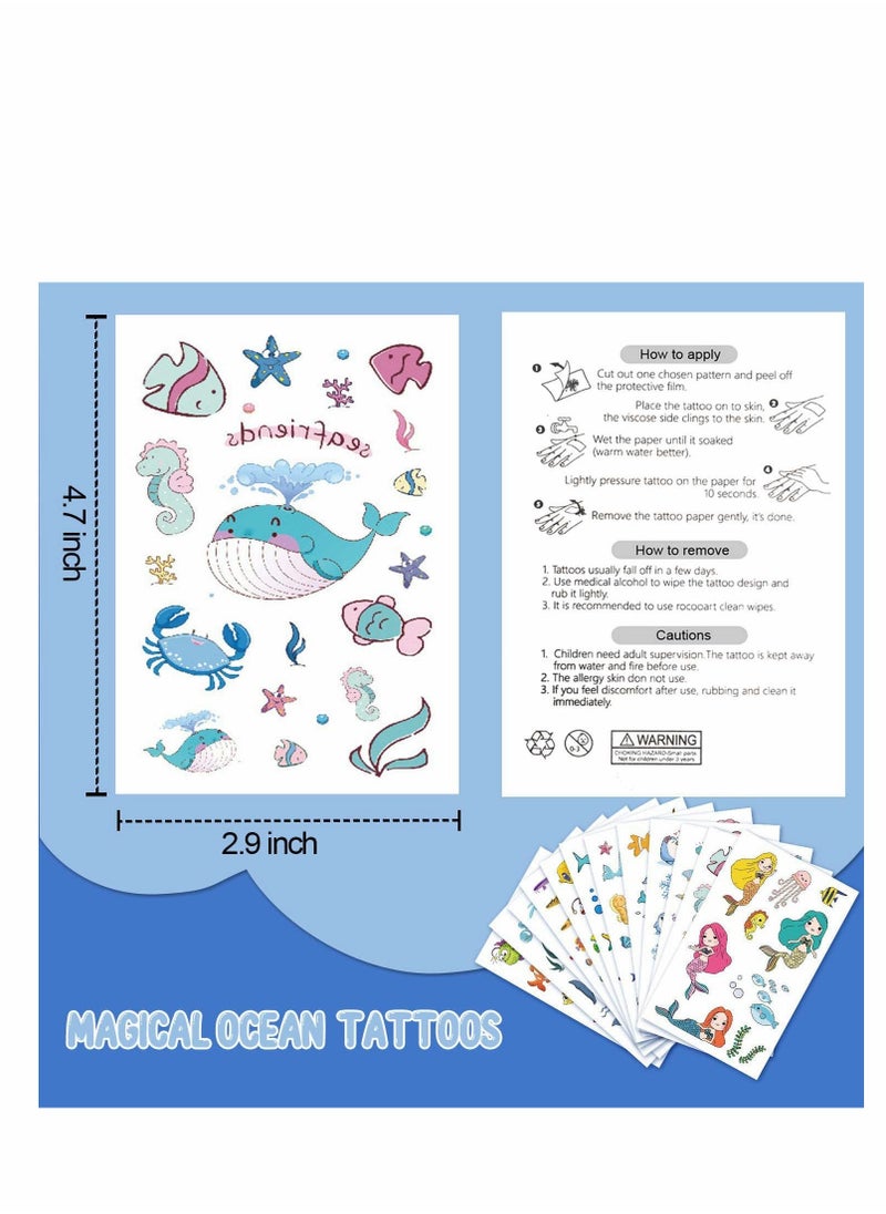 Ocean Theme Temporary Tattoos, Fake Tattoos Stickers With Mermaid Shark Tropical Fish Whale, Beach Pool Under Sea Decorations Birthday Party Supplies Favors for Boys and Girls, 12 Sheets