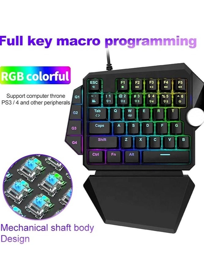 One Handed Gaming Mechanical Keyboard, RGB Backlight Single Hand Ergonomic E-Sports Game Keypad, 44 Keys for Desktop Notebook Tablet Game Console, Programmable Keys Multimedia Knob Keyboard