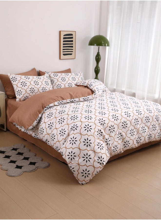 Queen size 6 piece duvet cover set modern tile print bedding set white.