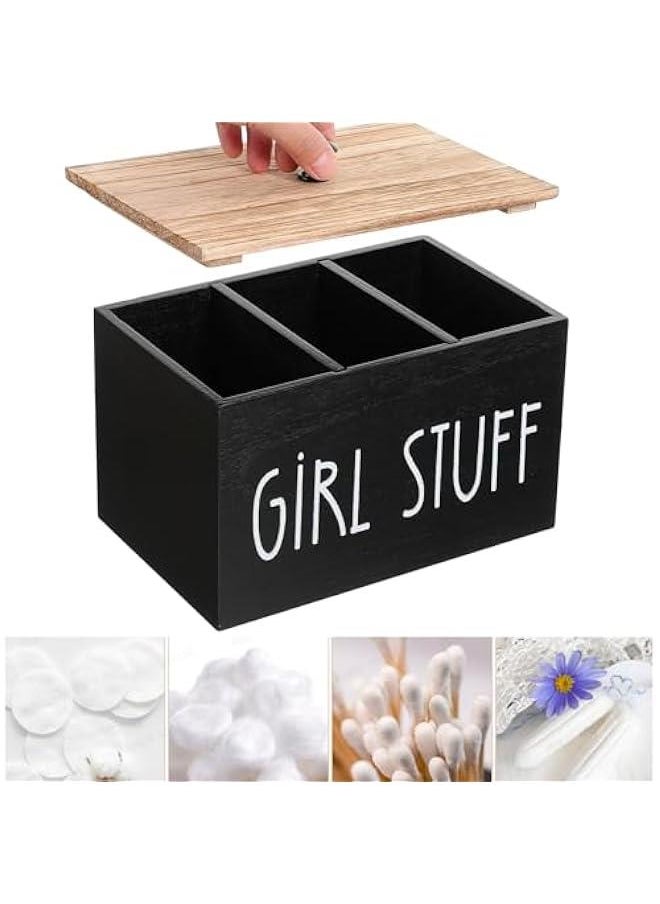 Tampon Holder for Bathroom with Lid, Wood Cotton Ball and Qtip Holder 3-Section Feminine Product Organizer, Tampon Storage Container Girl Stuff Box for Cotton Swab, Cotton Pad, Floss and Hair Bands