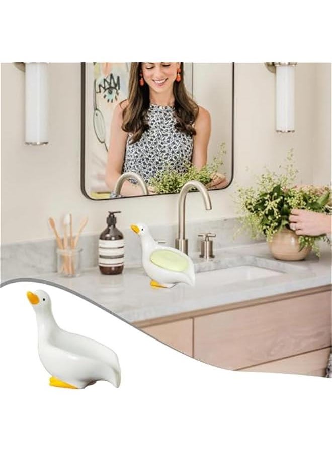 Ceramic Duck Soap Dish, Cute Animal Soap Holder, Non-Slip Shower Sponge Storage, Decorative Soap Saver, Duck-Shaped Soap Dish, Multifunctional Bathroom Organizer, Ceramic Duck Bathroom Decor