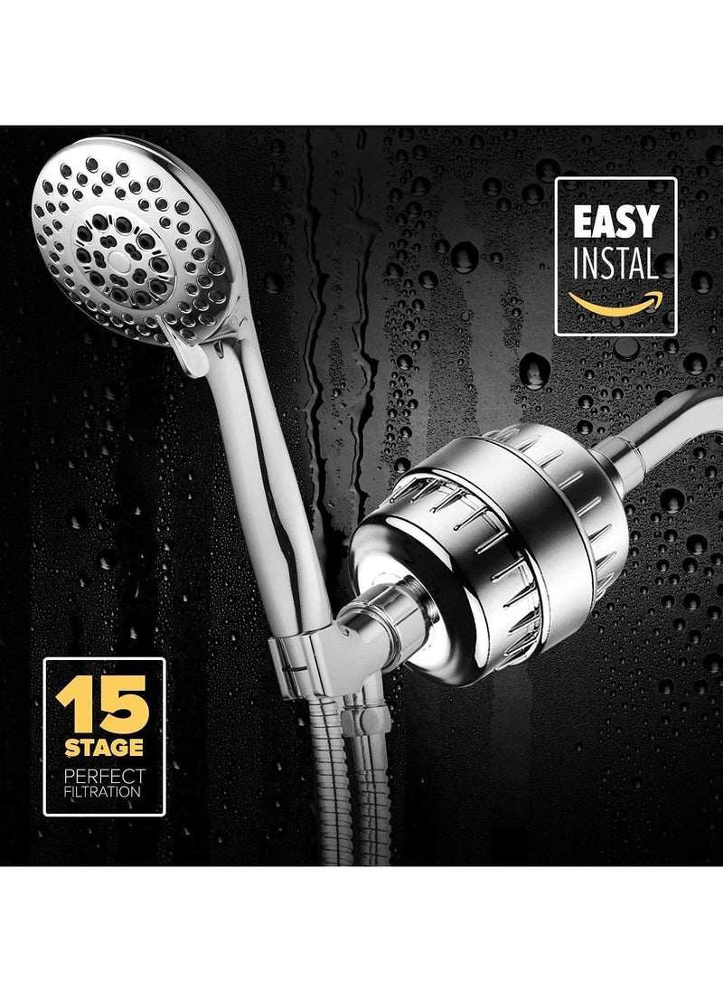 15-Stage Shower Filter for Hard Water , Chlorine Removal with Dual Cartridges Included, Shower Head Filter for Hair Fall Prevention, Effectively Filters Chlorine, Heavy Metals, and Impurities with Calcium Sulphite Beads, Ideal for Healthy Hair and Skin.