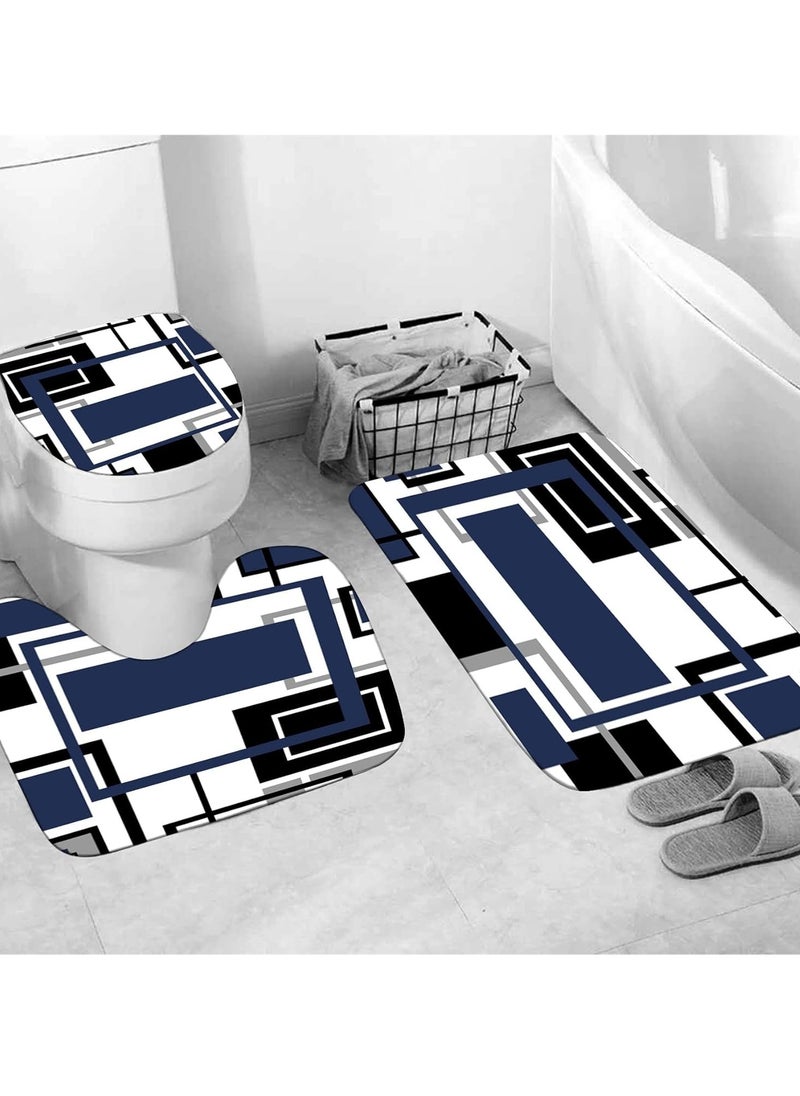 Shower Curtain Sets 4 Pcs Blue Geometric Shower Curtain Sets with 12 Hooks Non-Slip Rugs U-Shaped Bath Mat Toilet Cover Abstract Geometric Modern Black and Blue Bathroom Set