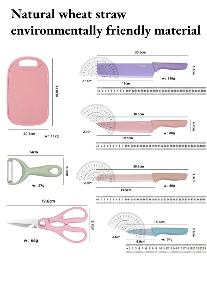 7-piece kitchen knife set stainless steel wheat straw carving knife gift box kitchen knife with cutting board natural material environmentally friendly