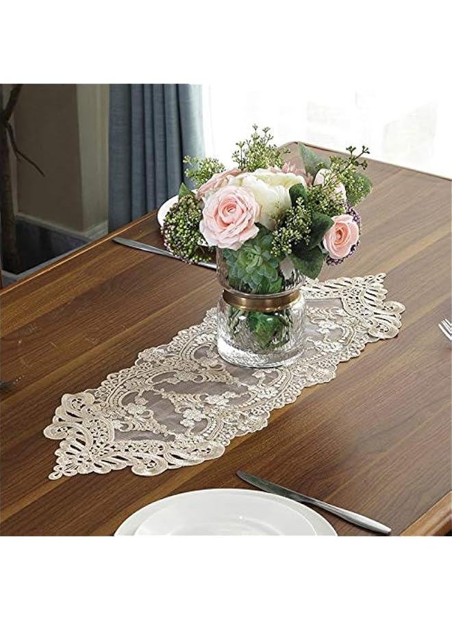 Lace Table Runner and Dresser Scarf Embroidered Flower Champagne Table Runner 10 x 82 Inches Wedding Party Baby Shower Dining Table Decor