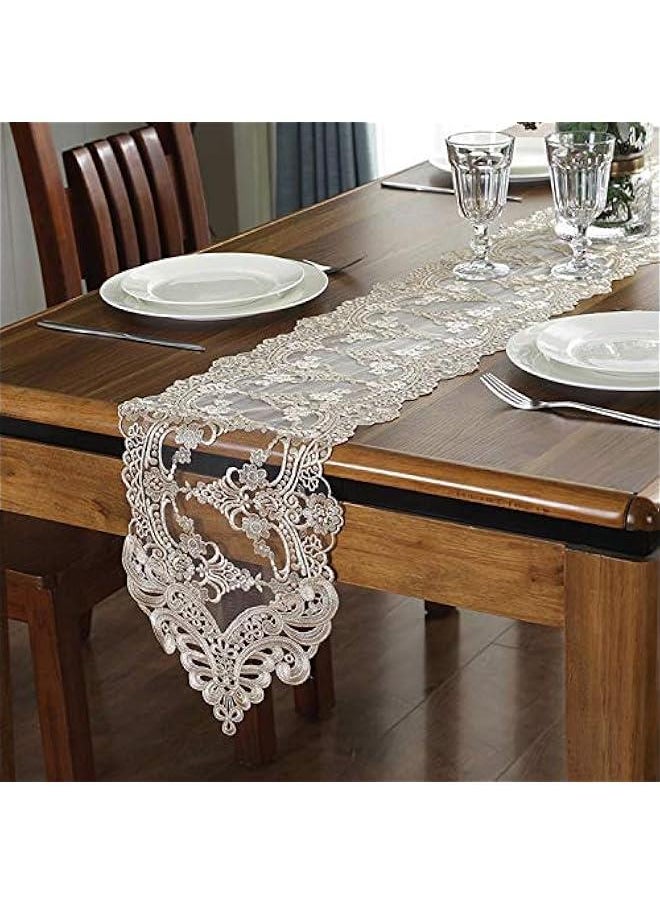 Lace Table Runner and Dresser Scarf Embroidered Flower Champagne Table Runner 10 x 82 Inches Wedding Party Baby Shower Dining Table Decor