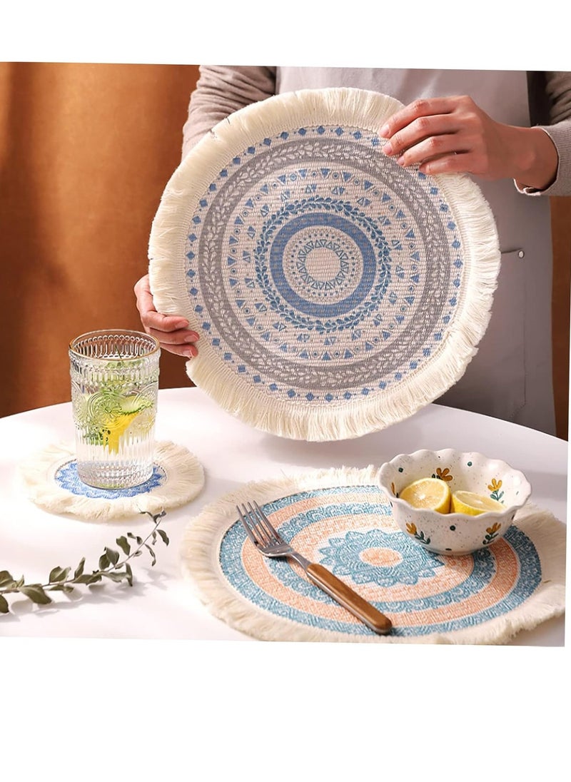 4 Pack Round Tassel Fabric Placemats Woven Cotton Thread Insulation Pads (Multi-Color)