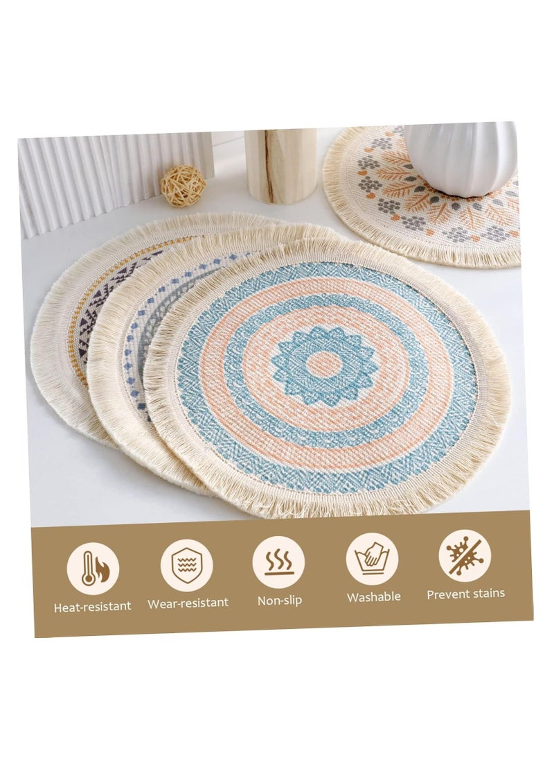 4 Pack Round Tassel Fabric Placemats Woven Cotton Thread Insulation Pads (Multi-Color)