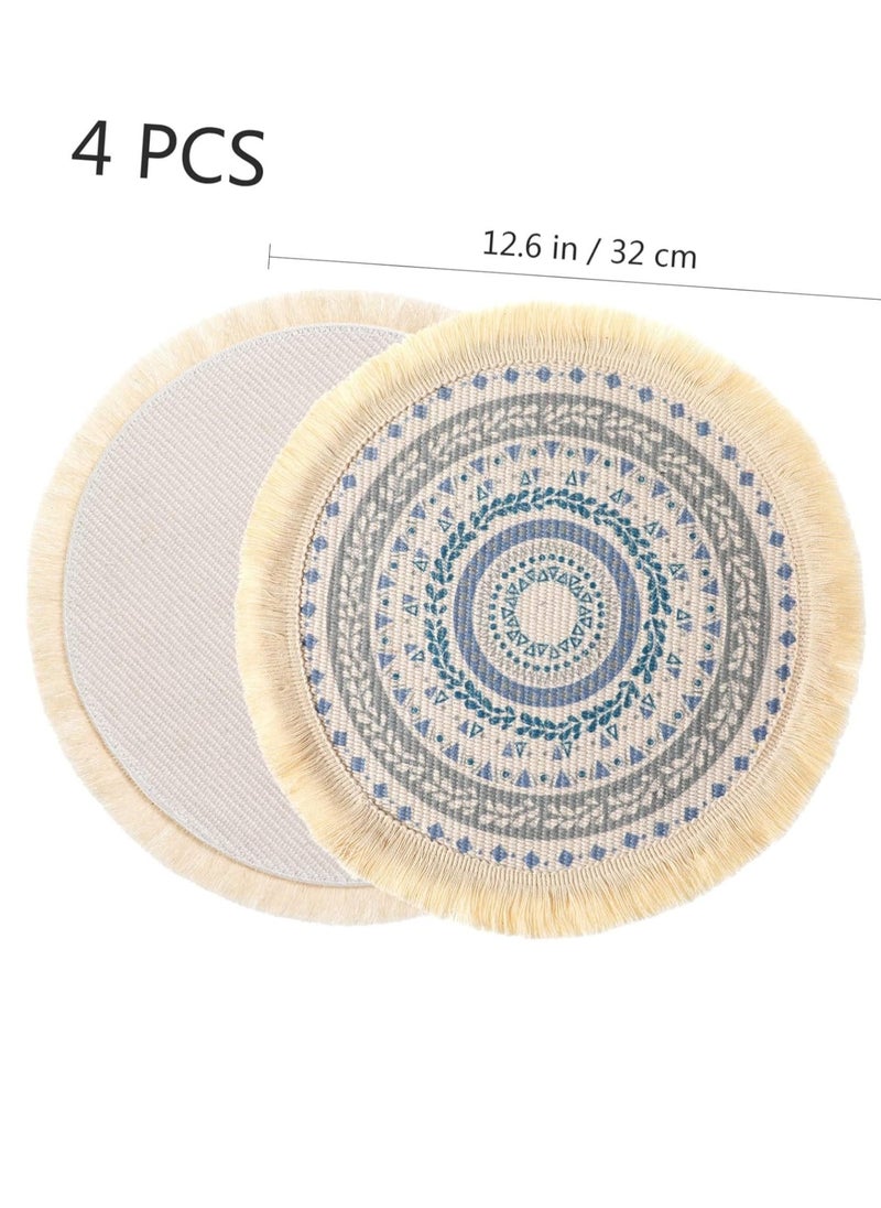 4 Pack Round Tassel Fabric Placemats Woven Cotton Thread Insulation Pads (Multi-Color)