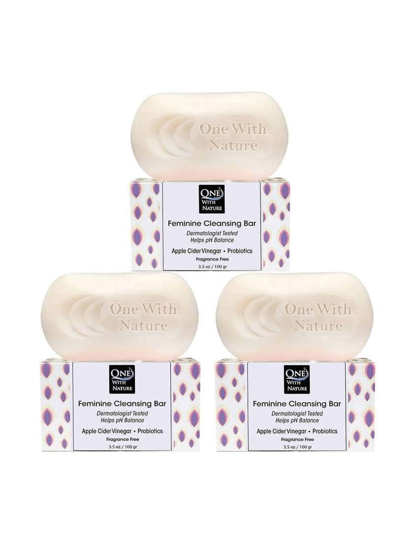 One With Nature Feminine Cleansing Bar 3Pack 3.5Oz - Fragrance-Free Feminine Soap Bar, Probiotics, Apple Cider Vinegar, Omega Fatty Acids, Oatmeal, Pure, Gentle Cleansing Bar for All Skin, Face, Body