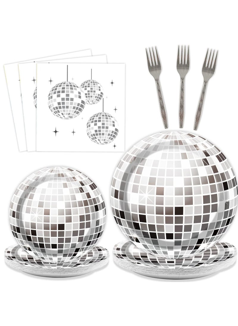 SYOSI 70's Disco Party Tableware Set, 80 Pcs 70s Disco Birthday Party Supplies Disco Ball Party Paper Plates Cocktail Napkins Forks for 80s 90s Dance Wedding Disco Party Picnic (Silver)