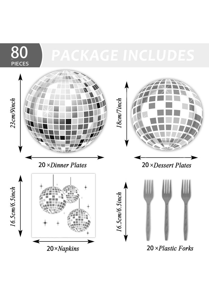 SYOSI 70's Disco Party Tableware Set, 80 Pcs 70s Disco Birthday Party Supplies Disco Ball Party Paper Plates Cocktail Napkins Forks for 80s 90s Dance Wedding Disco Party Picnic (Silver)