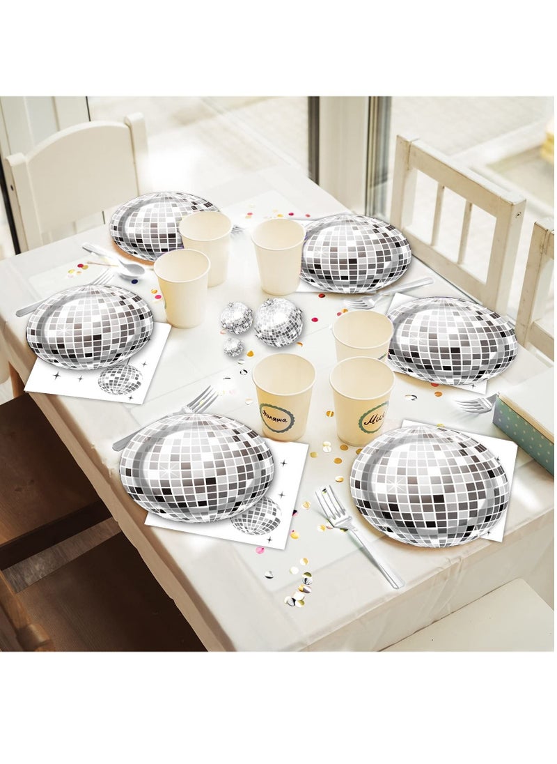 SYOSI 70's Disco Party Tableware Set, 80 Pcs 70s Disco Birthday Party Supplies Disco Ball Party Paper Plates Cocktail Napkins Forks for 80s 90s Dance Wedding Disco Party Picnic (Silver)