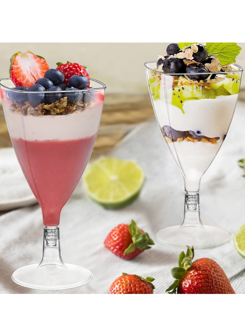 Clear Dessert Cups with Spoons, Plastic Wine Glasses, 7 oz Plastic Champagne Flutes Cocktail Glasses Mousse Cups, Reusable Stemmed Cups for Champagne, Parfait, Dessert, and Appetizer(50 Packs)