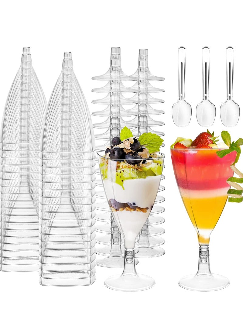 Clear Dessert Cups with Spoons, Plastic Wine Glasses, 7 oz Plastic Champagne Flutes Cocktail Glasses Mousse Cups, Reusable Stemmed Cups for Champagne, Parfait, Dessert, and Appetizer(50 Packs)