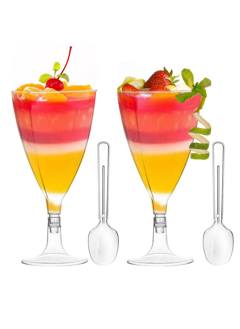 Clear Dessert Cups with Spoons, Plastic Wine Glasses, 7 oz Plastic Champagne Flutes Cocktail Glasses Mousse Cups, Reusable Stemmed Cups for Champagne, Parfait, Dessert, and Appetizer(50 Packs)