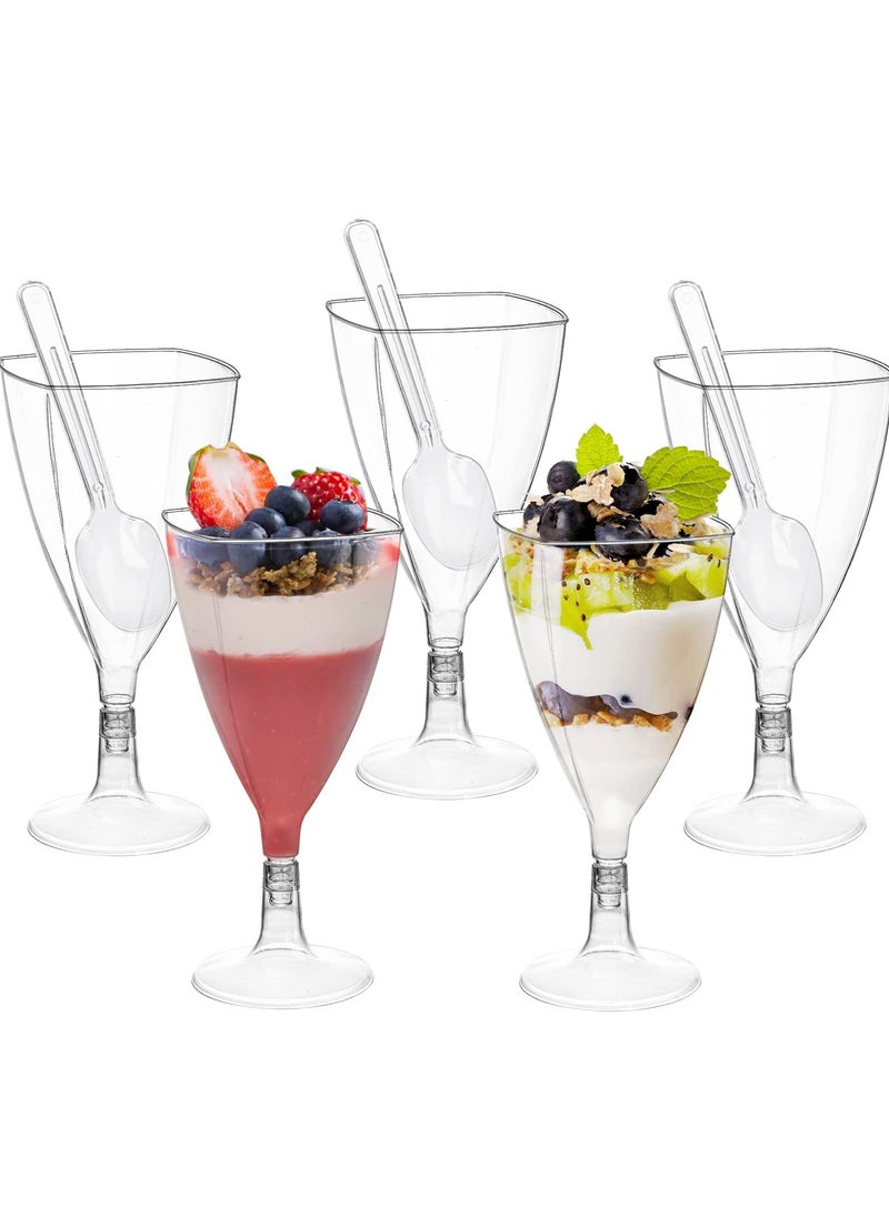 Clear Dessert Cups with Spoons, Plastic Wine Glasses, 7 oz Plastic Champagne Flutes Cocktail Glasses Mousse Cups, Reusable Stemmed Cups for Champagne, Parfait, Dessert, and Appetizer(50 Packs)