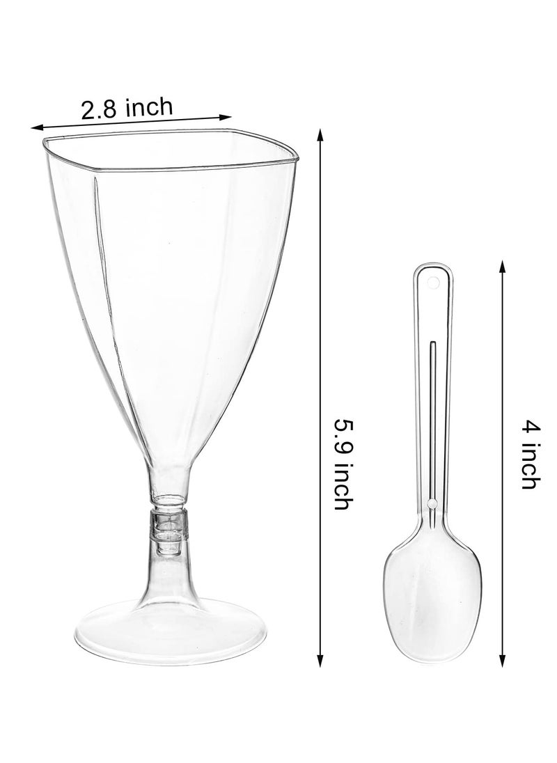 Clear Dessert Cups with Spoons, Plastic Wine Glasses, 7 oz Plastic Champagne Flutes Cocktail Glasses Mousse Cups, Reusable Stemmed Cups for Champagne, Parfait, Dessert, and Appetizer(50 Packs)