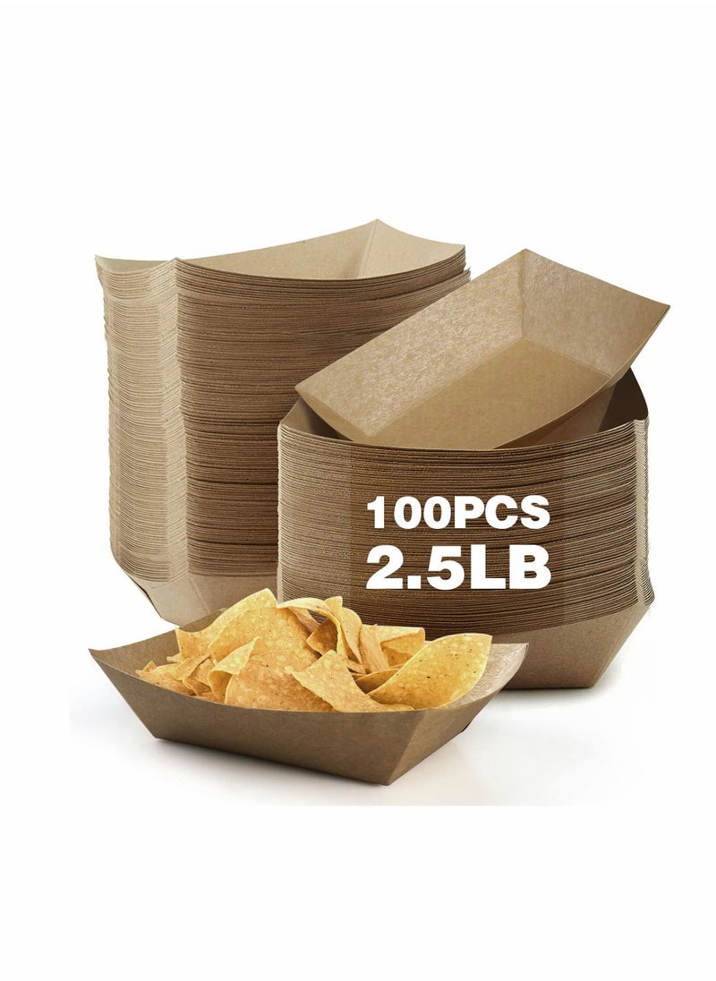 2.5Lb Paper Food Trays, 100Pack Disposable Paper Food Boats Greaseproof Kraft Paper Serving Boats Trays, Eco Friendly Food Snack Baskets for Party (Brown)